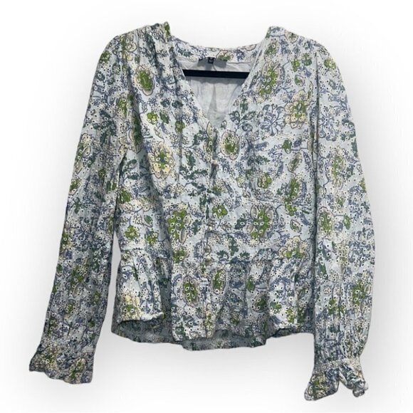 𝅺SEVEN for All Mankind blue floral print Peplum Blouse size Medium - Picture 3 of 16